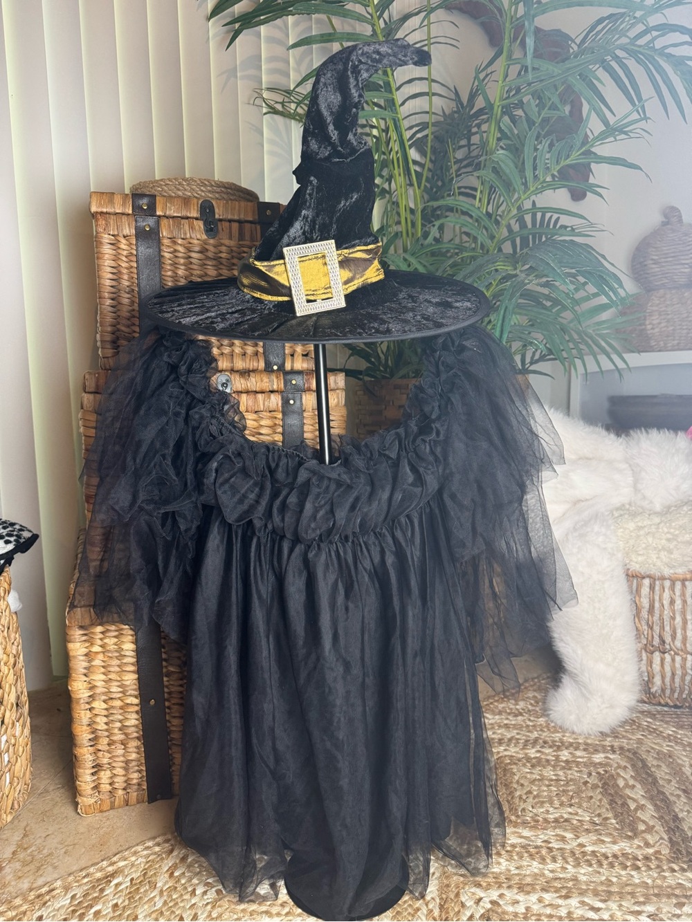 Woman’s witch costume.. black soft tulle dress with black & gold hat